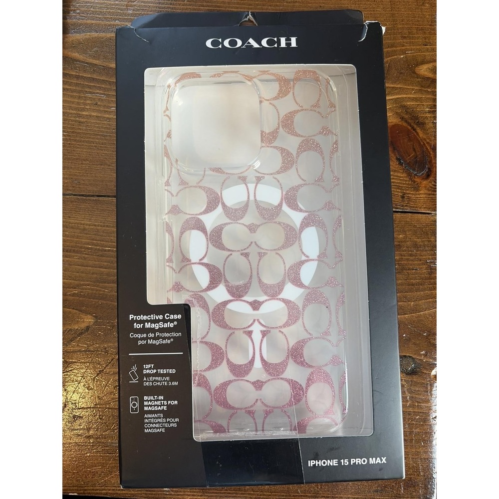 Coach Signature Clear Case for iPhone 15 Pro Max MagSafe Pink Logo New